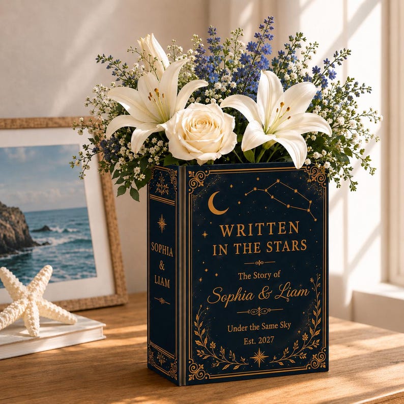 Custom Ceramic Book Vase Wedding, Written In The Stars Couple Gift, Personalized Wedding Flower Holder, Romantic Anniversary Home Decor Gift image 1