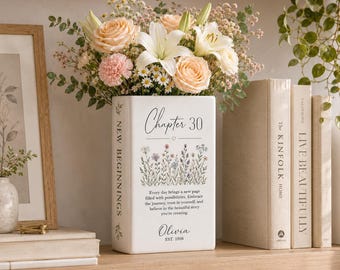 Personalized Birthday Ceramic Book Vase, Custom Name And Birth Year Floral Ceramic Vase, Chapter 30 Gift For Her, Milestone Keepsake Decor