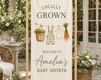 Personalized Locally Grown Baby Shower Welcome Banner, Garden Theme Green Gingham Party Sign, Custom Name And Date Backdrop Party Decor