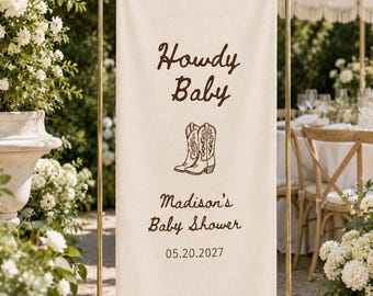 Western Baby Shower Welcome Banner, Howdy Baby Sign, Personalized Cowboy Boots Party Decor, Rustic Boho Backdrop For Baby Girl Shower