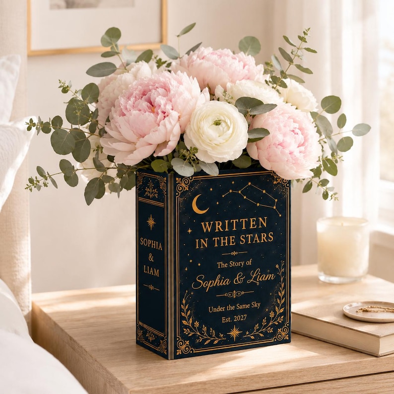 Custom Ceramic Book Vase Wedding, Written In The Stars Couple Gift, Personalized Wedding Flower Holder, Romantic Anniversary Home Decor Gift image 2