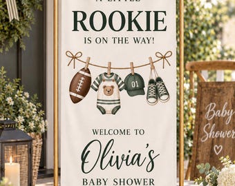 Personalized Rookie Baby Shower Banner, A Little Rookie Is On The Way Sign, Sports Baby Boy Shower Backdrop, Custom Name Party Decor