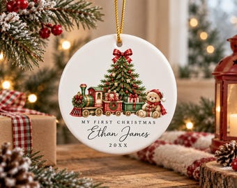 Baby First Christmas Ceramic Ornament, Personalized Name And Year Keepsake, Christmas Train Teddy Bear Newborn Holiday Gift Tree Decor