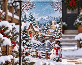 Winter Christmas Garden Flag, Snowy Village Snowman Yard Decor, Mountain Church Holiday Outdoor Flag, Festive Rustic Winter Home Decoration