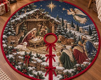 Christmas Nativity Quilt Tree Skirt, Holy Family Manger Scene Decor, Religious Christmas Decoration, Christian Holiday Home Gift