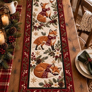May include: A rectangular quilted table runner featuring a cream-colored center panel with three illustrations of foxes wearing red and white patterned scarves, surrounded by pine branches, pinecones, white poinsettias, and a deep red border.