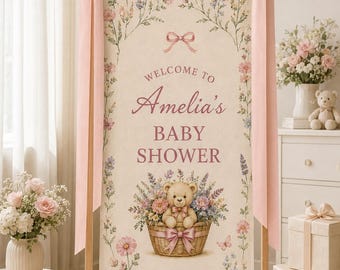 Personalized Baby Shower Welcome Sign, Floral Teddy Bear Banner, Pink Garden Girl Shower Decor, Custom Nursery Party Backdrop For Girls