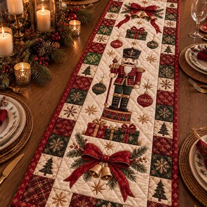 Könnte beinhalten: Ein gesteppter Weihnachts-Tischläufer mit einer zentralen Nussknacker-Figur, verpackten Geschenken und goldenen Glocken mit roten Schleifen. Der Läufer hat ein cremefarbenes Mittelteil mit Schneeflocken und einen Rand aus roten und grünen Quadraten.