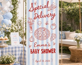 Personalized Pizza Baby Shower Welcome Banner, Special Delivery Party Sign, Custom Name And Date Backdrop For Baby Shower Decor Theme