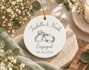 Custom Engaged Couple Ceramic Ornament, Personalized Names And Date Keepsake, Engagement Gift For Couple, Wedding Ring Celebration Decor
