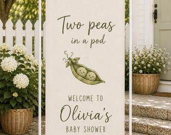 Personalized Two Peas In A Pod Baby Shower Banner, Twin Baby Shower Decor, Custom Linen Welcome Sign, Green Pea Party Backdrop Decor