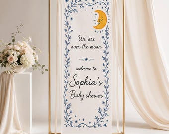 Over The Moon Baby Shower Welcome Banner, Personalized Celestial Party Sign, Custom Name And Date Backdrop, Blue Moon Nursery Decor