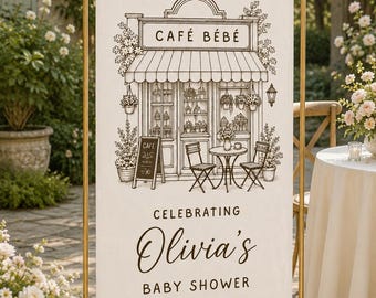Personalized Baby Shower Welcome Banner, Cafe Theme Custom Name Linen Sign, French Bakery Baby Shower Backdrop, Neutral Floral Party Decor