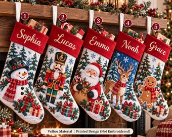 Custom Name Christmas Stocking, Personalized Santa Snowman Reindeer Nutcracker Gingerbread Stocking, Family Holiday Mantel Decoration