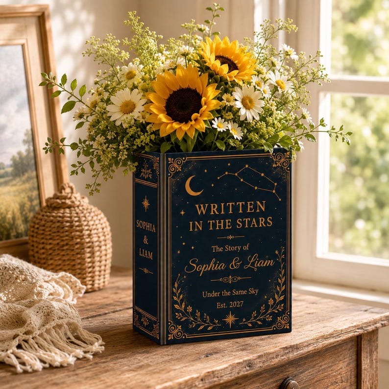 Custom Ceramic Book Vase Wedding, Written In The Stars Couple Gift, Personalized Wedding Flower Holder, Romantic Anniversary Home Decor Gift image 3