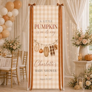 May include: A tall rectangular banner with a beige and white gingham pattern, featuring the text A LITTLE PUMPKIN is on its way, Charlotte's BABY SHOWER, and August 28, 2027. It displays illustrations of a bib, pumpkin, onesie, and blanket.