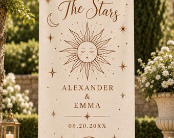 Celestial Wedding Welcome Banner, Personalized Sun And Moon Linen Sign, Custom Couple Names And Date, Boho Wedding Backdrop Party Decor