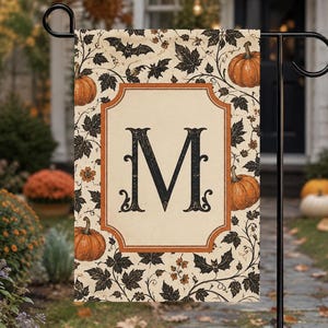 May include: A rectangular garden flag featuring a cream-colored center panel with a large, black, decorative letter M. The border displays a pattern of orange pumpkins, black autumn leaves, and small bats on a light background with orange accents.