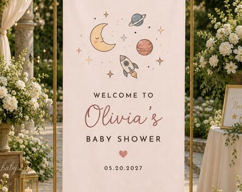 Personalized Space Baby Shower Banner, Moon And Stars Welcome Sign, Custom Name Date Party Backdrop For Outer Space Baby Shower Decor