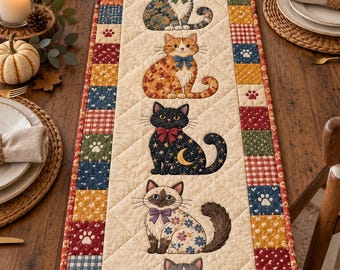 Cat Quilt Table Runner, Colorful Floral Cats Table Decor, Patchwork Farmhouse Dining Accent, Cozy Cottage Kitchen Decor, Cat Lover Gift