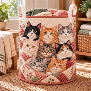 May include: A cylindrical fabric storage basket featuring a quilted pattern with a red and cream checkered design and small floral accents. The exterior is decorated with seven cat faces in various colors, including black, orange, and tabby.