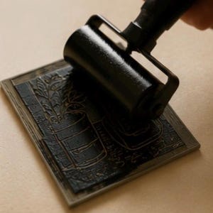 Puede incluir: Un rodillo de goma negro aplica tinta negra sobre un bloque de lin&oacute;leo rectangular. El bloque presenta un dise&ntilde;o tallado de una planta en maceta con hojas y un fondo texturizado, con la tinta cubriendo las superficies elevadas del grabado.