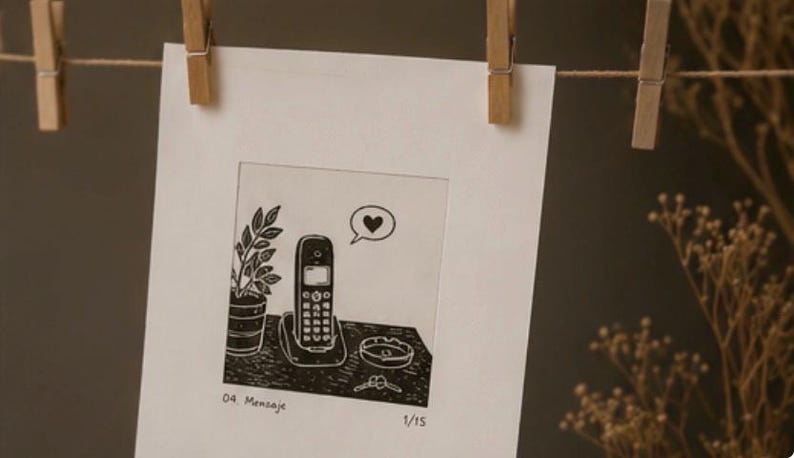 Puede incluir: Una l&aacute;mina rectangular blanca con una ilustraci&oacute;n en tinta negra de un tel&eacute;fono inal&aacute;mbrico sobre su base, una planta en maceta, un cenicero y unas llaves. Un globo de texto con un coraz&oacute;n est&aacute; sobre el tel&eacute;fono. El texto 04. Mensaje y 1/15 aparece abajo.