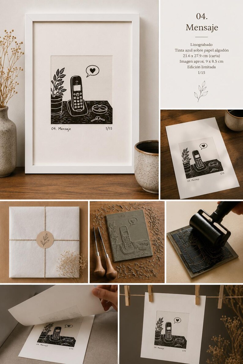 Puede incluir: Un linograbado titulado 04. Mensaje que muestra un tel&eacute;fono inal&aacute;mbrico, una planta en maceta y un cenicero con llaves sobre una mesa. La obra incluye un globo de texto con un coraz&oacute;n. Impresi&oacute;n en papel algod&oacute;n, 21,6 x 27,9 cm.