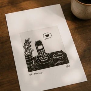 Puede incluir: Una impresi&oacute;n de linograbado en blanco y negro sobre papel que muestra un tel&eacute;fono inal&aacute;mbrico en su base, una planta en maceta, un cenicero y llaves. Un globo de texto con un coraz&oacute;n est&aacute; sobre el tel&eacute;fono. El texto 04. Mensaje y 1/15 est&aacute; impreso abajo.