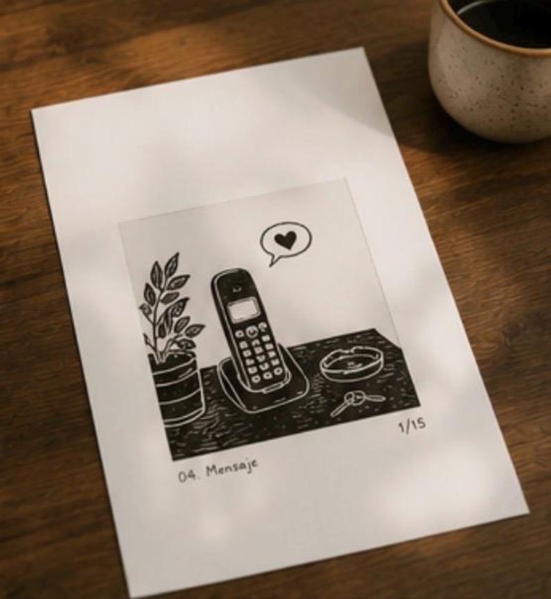 Puede incluir: Una impresi&oacute;n de linograbado en blanco y negro sobre papel que muestra un tel&eacute;fono inal&aacute;mbrico en su base, una planta en maceta, un cenicero y llaves. Un globo de texto con un coraz&oacute;n est&aacute; sobre el tel&eacute;fono. El texto 04. Mensaje y 1/15 est&aacute; impreso abajo.