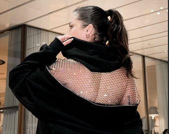 Black Rhinestone Mesh Back Hoodie – Oversized Sparkly Hoodie for Women | Y2K Streetwear | Coquette Fashion | Festival Outfit | Gift for Her