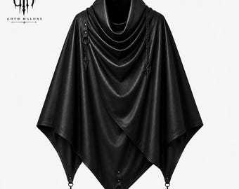 Svart gotisk läderponcho | Hög krage med kedjor och kors | Asymmetrisk häxig läderkappa i alternativ stil | Unisex