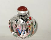 Spectacular Handpainted Glass Snuff Bottle, Vintage Glass Reverse Inside Painted Four Figure Agate Topped Bottle