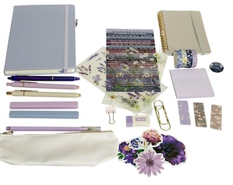 Lavender Floral Journaling Kit | A5 Notebook, Pens, Washi Tape, Stickers, Pouch
