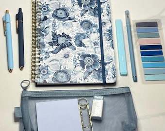 Blue Floral Stationery Set | Notebook, Pens, Pouch, Sticky Notes, Holder