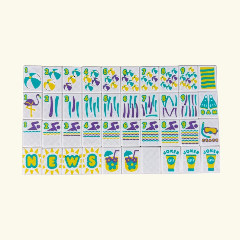 May include: A set of white tiles with colorful summer-themed illustrations. The tiles feature images of beach balls, flamingos, waves, and cocktails. Some tiles have the word "NEWS" and "JOKER" printed on them.
