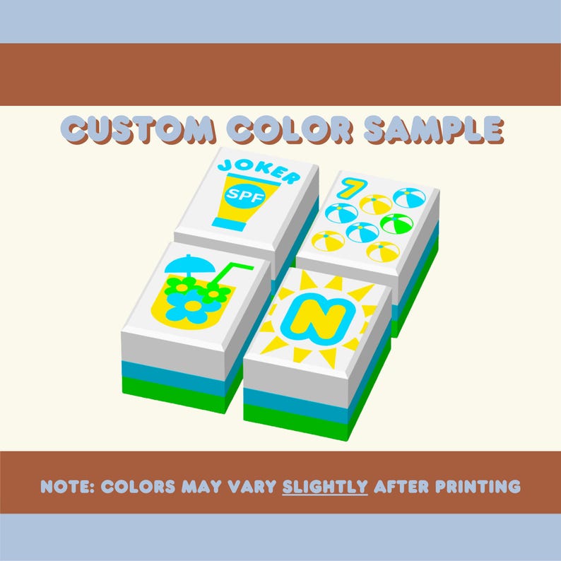 Puede incluir: Cuatro bloques rectangulares blancos con gr&aacute;ficos y texto coloridos, incluyendo "JOKER SPF", una bebida, pelotas de playa y la letra "N". Los bloques tienen rayas azules y verdes. El texto en la parte superior dice "CUSTOM COLOR SAMPLE".