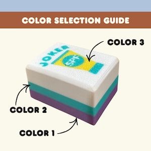May include: A color selection guide featuring a small, rectangular object with a white top and three colored layers: teal, purple, and white. The top has the word "JOKER" and a yellow and teal graphic. The guide labels the colors.