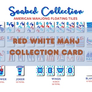 Pu&ograve; includere: Una carta da collezione per tessere galleggianti di Mahjong americano. Il design presenta tessere con illustrazioni di palloni da spiaggia, onde e fenicotteri. Il testo "Soaked Collection" e "Red White Mahj Collection Card" sono visualizzati.