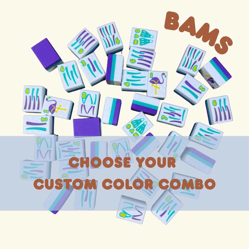 May include: A collection of white, purple, and teal Mahjong tiles with various symbols and designs. The text "BAMS" is at the top, and "CHOOSE YOUR CUSTOM COLOR COMBO" is at the bottom. The tiles are scattered across a light beige background.