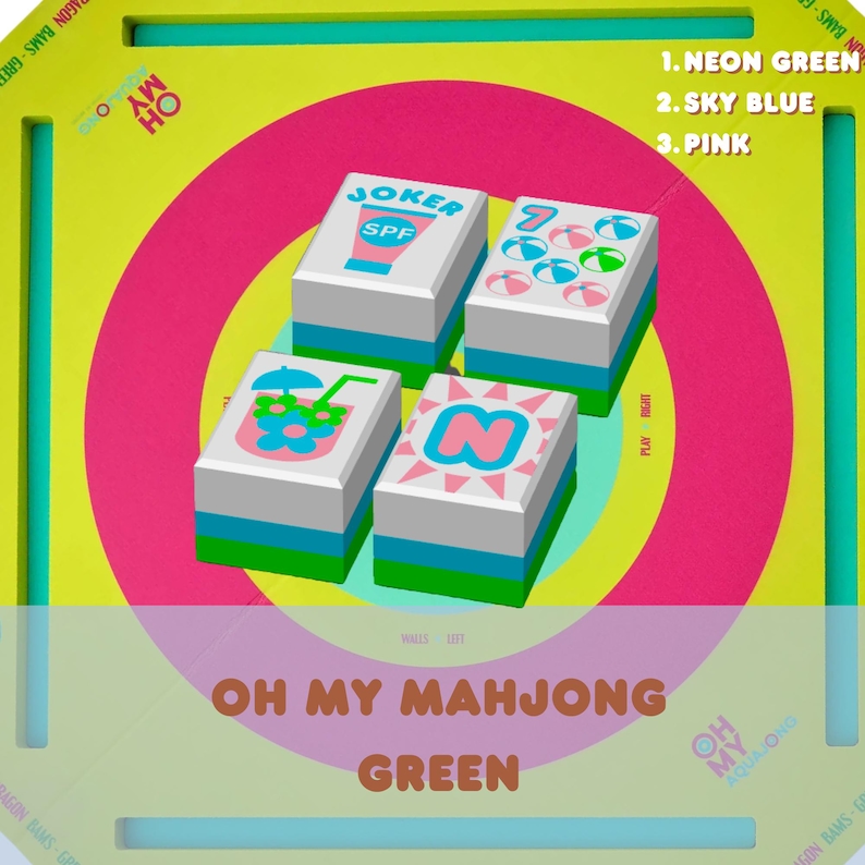 May include: A colorful Mahjong game set with four tiles featuring various designs and the text "JOKER SPF", "7", and "N". The game board has neon green, sky blue, and pink accents, with the text "OH MY MAHJONG GREEN".