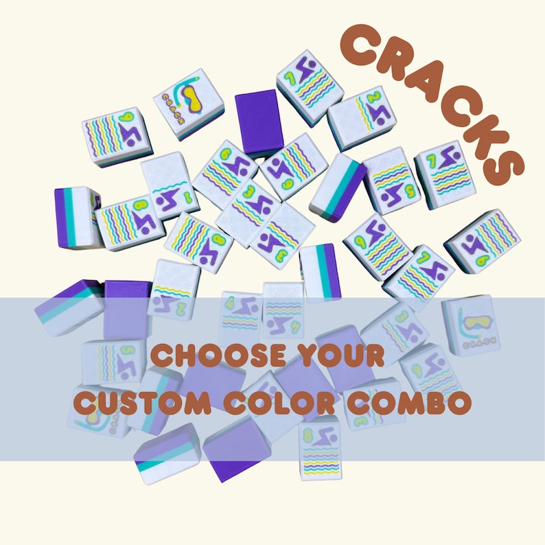 May include: A collection of white, purple, and teal Mahjong tiles with various symbols and patterns. The text "CRACKS" is in brown, and "CHOOSE YOUR CUSTOM COLOR COMBO" is in brown and white.