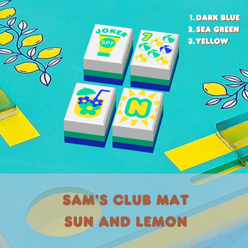May include: An illustration of four white and blue game tiles with various summer-themed graphics, including a sunscreen tube, beach balls, and a refreshing drink. The text "JOKER" and "N" are visible on two tiles. The background is a light blue with yellow accents and the text "SAM'S CLUB MAT SUN AND LEMON".