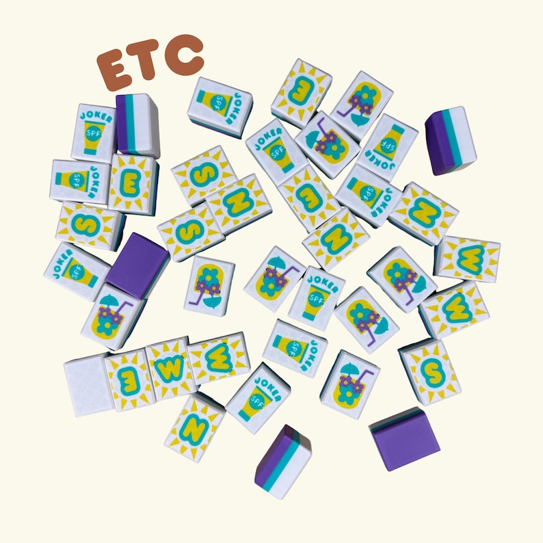 May include: A collection of white and yellow tiles with various summer-themed illustrations, including sunscreen, flowers, and suns. Some tiles feature the word "JOKER" and letters. The word "ETC" is in the top left corner. Several purple and white blocks are also present.