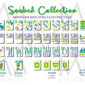 May include: A set of American Mahjong floating tiles from the Soaked Collection. The tiles feature colorful illustrations of beach balls, swimmers, flamingos, and other summer-themed icons. Includes tiles for Dots, Cracks, Bams, Winds, and Jokers.