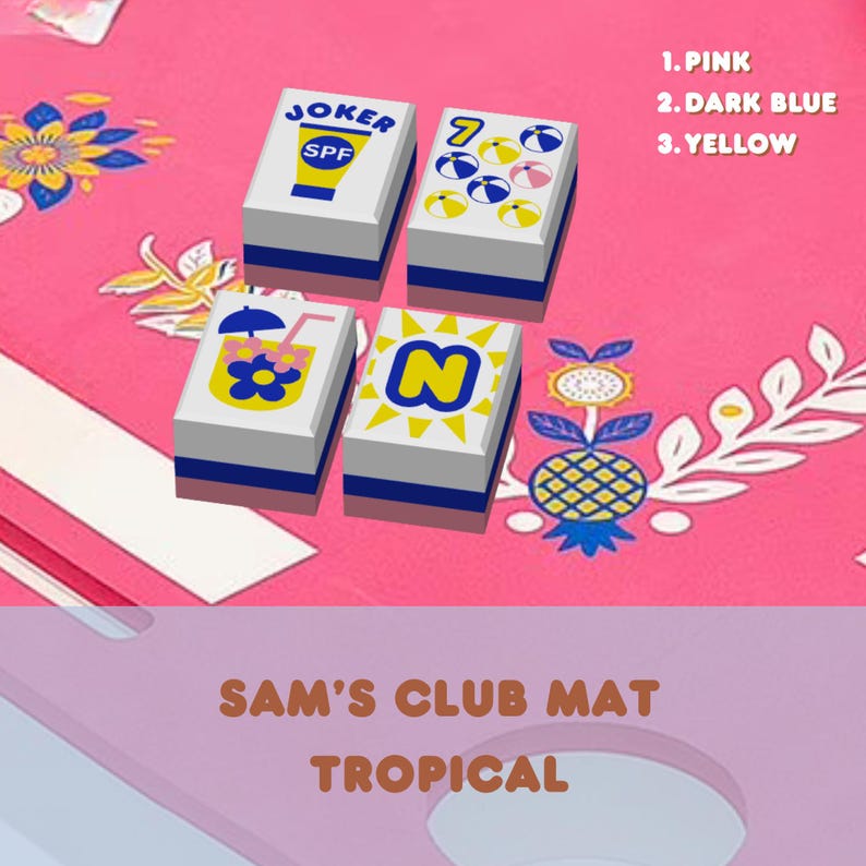 May include: Four rectangular blocks with white tops and gray sides, each with a different graphic. The blocks are on a pink floral patterned surface. The text "JOKER SPF" is on one block. The text "SAM'S CLUB MAT TROPICAL" is at the bottom.