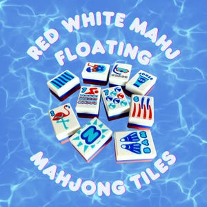 May include: A collection of white Mahjong tiles with red and blue accents, featuring various summer-themed illustrations. The tiles are arranged on a blue water background with the text "RED WHITE MAHJONG FLOATING TILES".