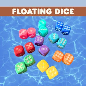 May include: A collection of colorful dice floating on a blue water background. The dice are in various colors, including red, pink, green, purple, yellow, orange, and blue. The text "FLOATING DICE" is at the top.