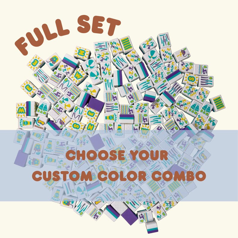 May include: A full set of Mahjong tiles in a variety of colors, including white, purple, teal, and green. The tiles feature various symbols and designs. Text on the image reads "FULL SET" and "CHOOSE YOUR CUSTOM COLOR COMBO."