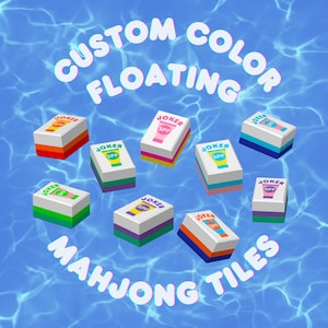 May include: Custom color floating Mahjong tiles with a sunscreen theme. Each tile features the word "Joker" and a sunscreen tube graphic with "SPF". The tiles have colorful borders and float on a blue water background.